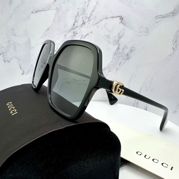 New GUCCI Sunglasses Black Oversized Square Gold Metal GG - Picture 6 of 16